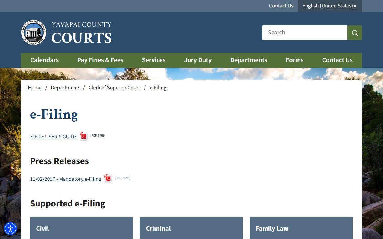 Yavapai County Clerk e-Filing page mandatory electronic filing notice