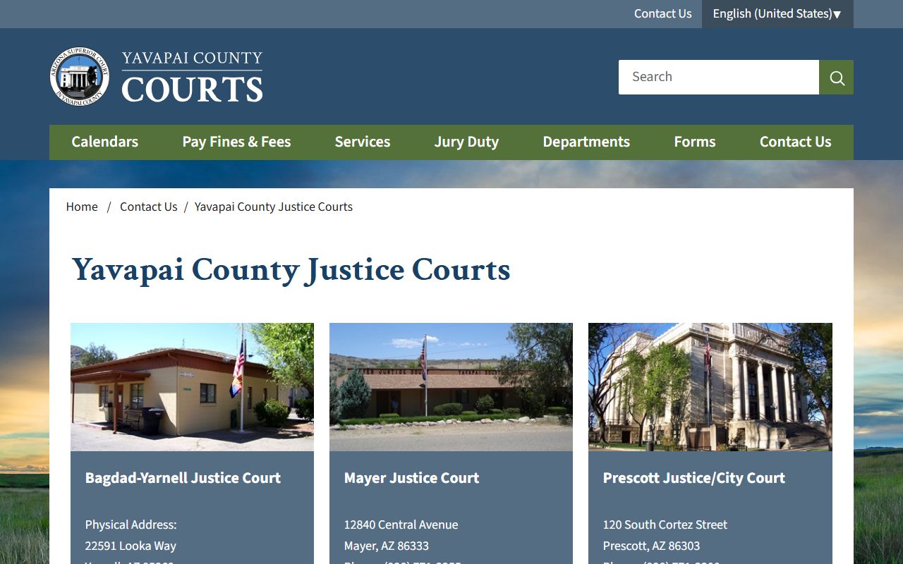Yavapai County Justice Courts contact list for the five precincts