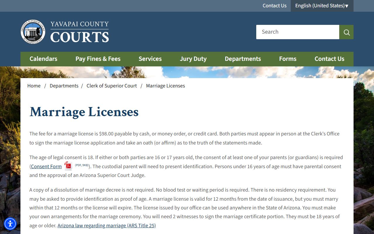 Yavapai County Clerk marriage license requirements page for marriage records