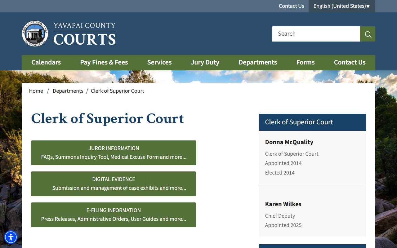 Yavapai County Clerk of Superior Court landing page used to search court records