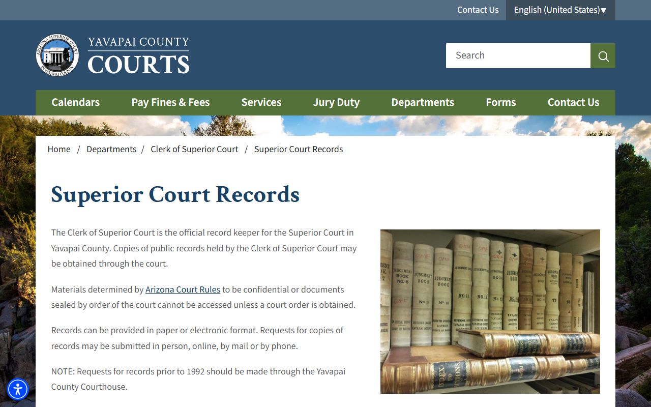Yavapai County court records request process page on the Clerk of Superior Court site