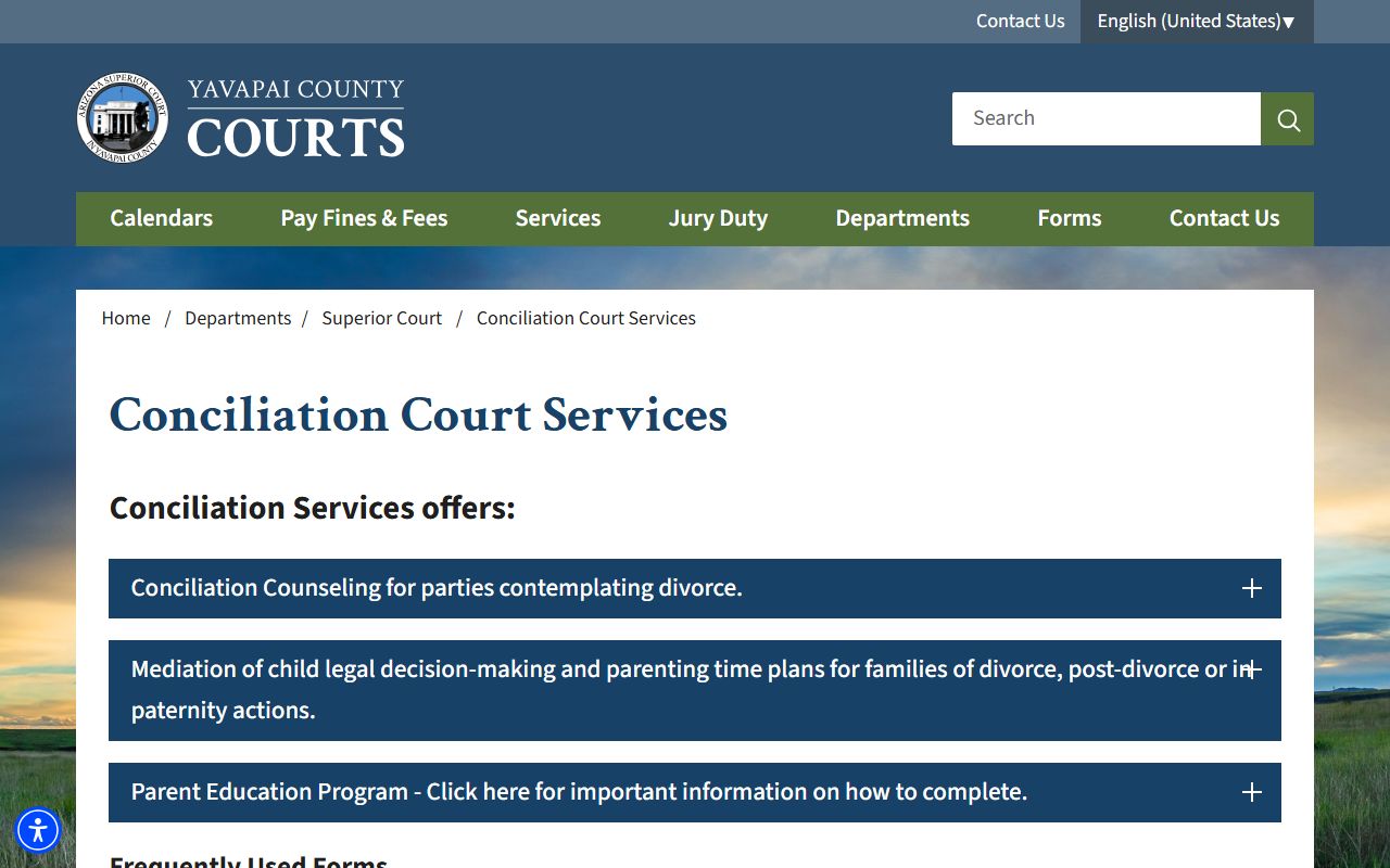 Yavapai County Superior Court services page that includes probate and family help