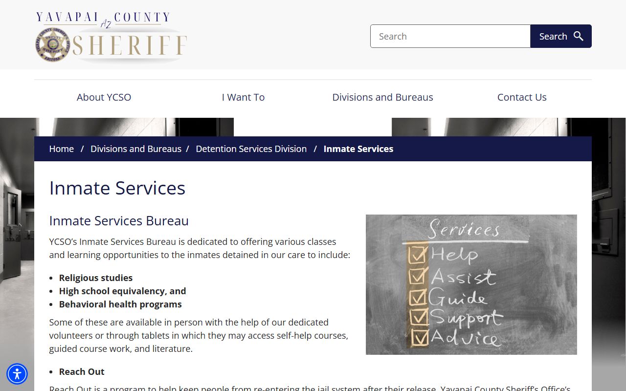 Yavapai County Sheriff inmate services and Reach Out program description