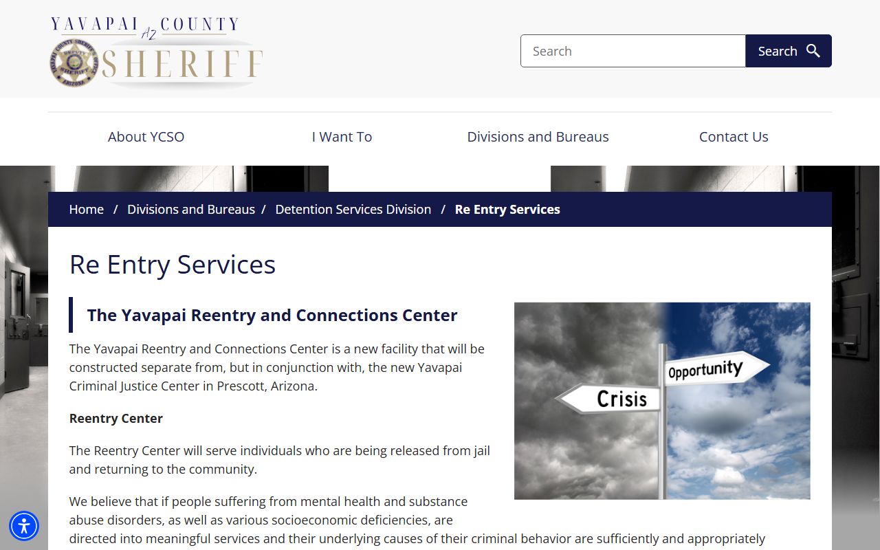 Yavapai County Sheriff Re-Entry Services page describing release support for Yavapai released inmates
