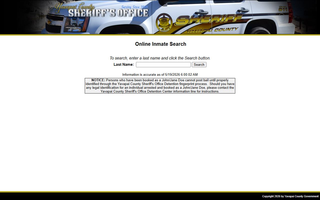 Yavapai County Sheriff Online Inmate Search form for jail records lookup