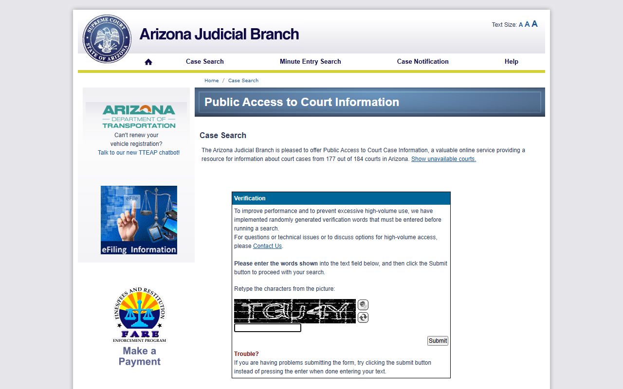 Yavapai County Public Access Case Lookup search portal for court dockets