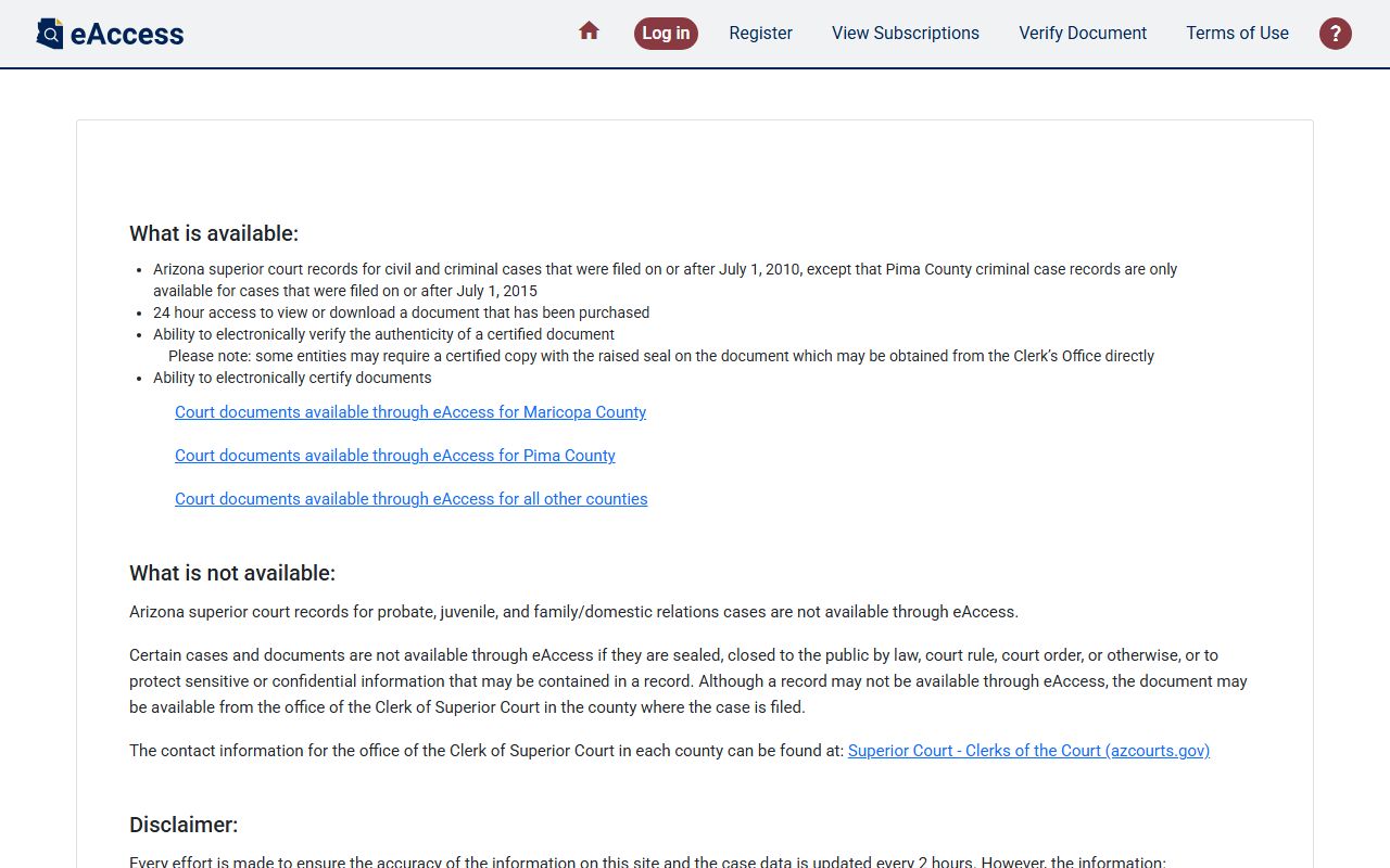 Yavapai County court records eAccess login portal for Superior Court case files