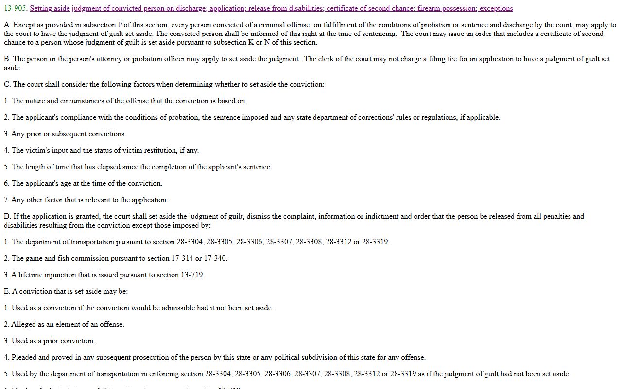 Yavapai County criminal records set aside statute Arizona A.R.S. 13-905