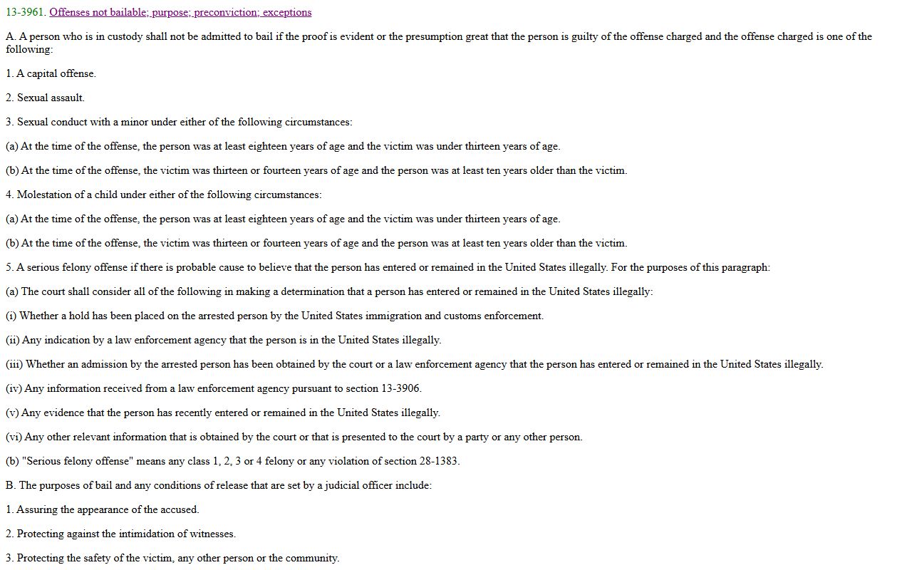 Yavapai County criminal records bail eligibility statute Arizona A.R.S. 13-3961