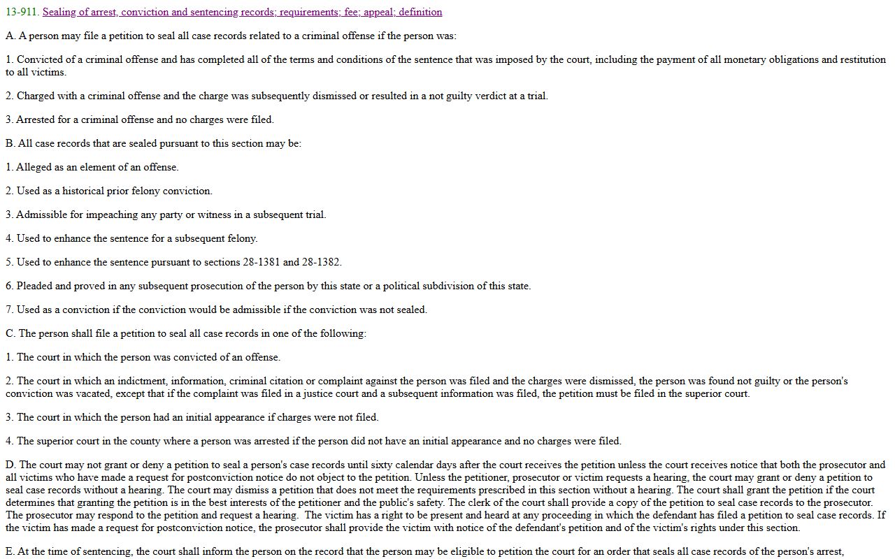 Yavapai County criminal records sealing statute Arizona A.R.S. 13-911