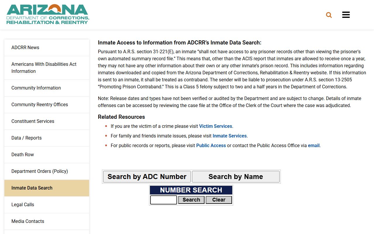 Arizona ADCRR Inmate Datasearch page used to find released Yavapai County inmates sent to state prison