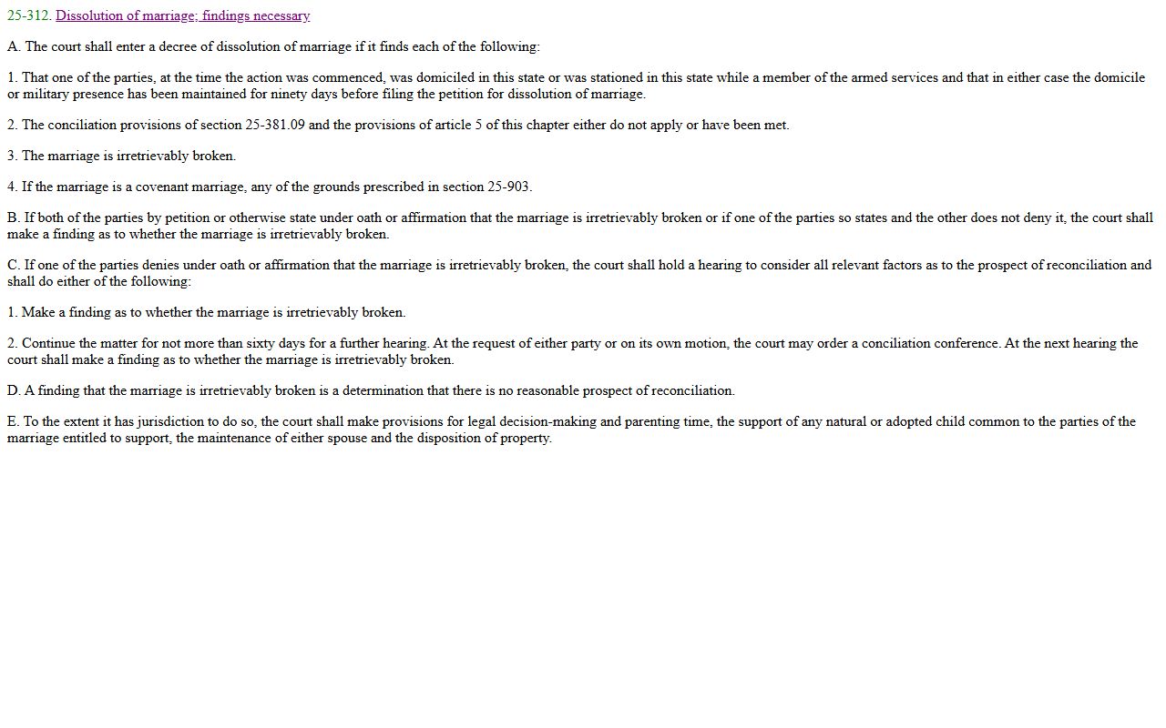 Arizona Revised Statutes section 25-312 dissolution findings used in Yavapai County divorce cases