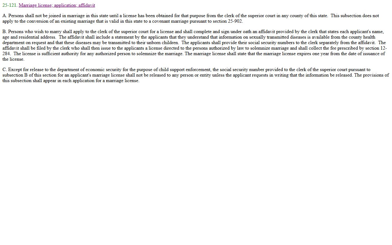 Arizona Revised Statutes section 25-121 governing Yavapai County marriage license applications