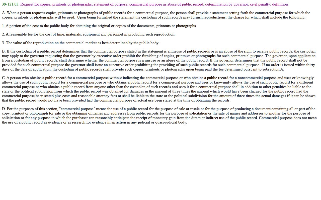Yavapai County public records A.R.S. § 39-121.03 commercial purpose