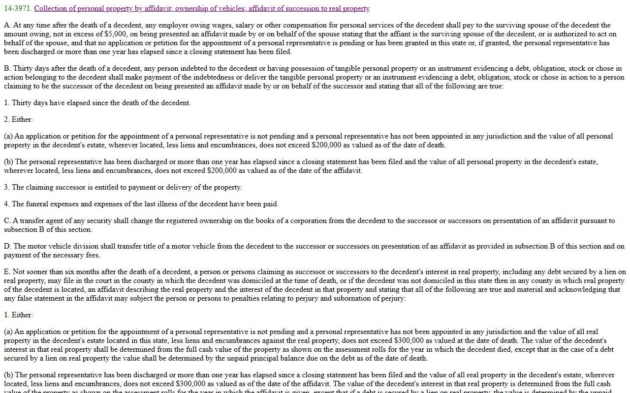 Yavapai County probate small estate affidavit statute A.R.S. § 14-3971 on the Arizona Legislature site