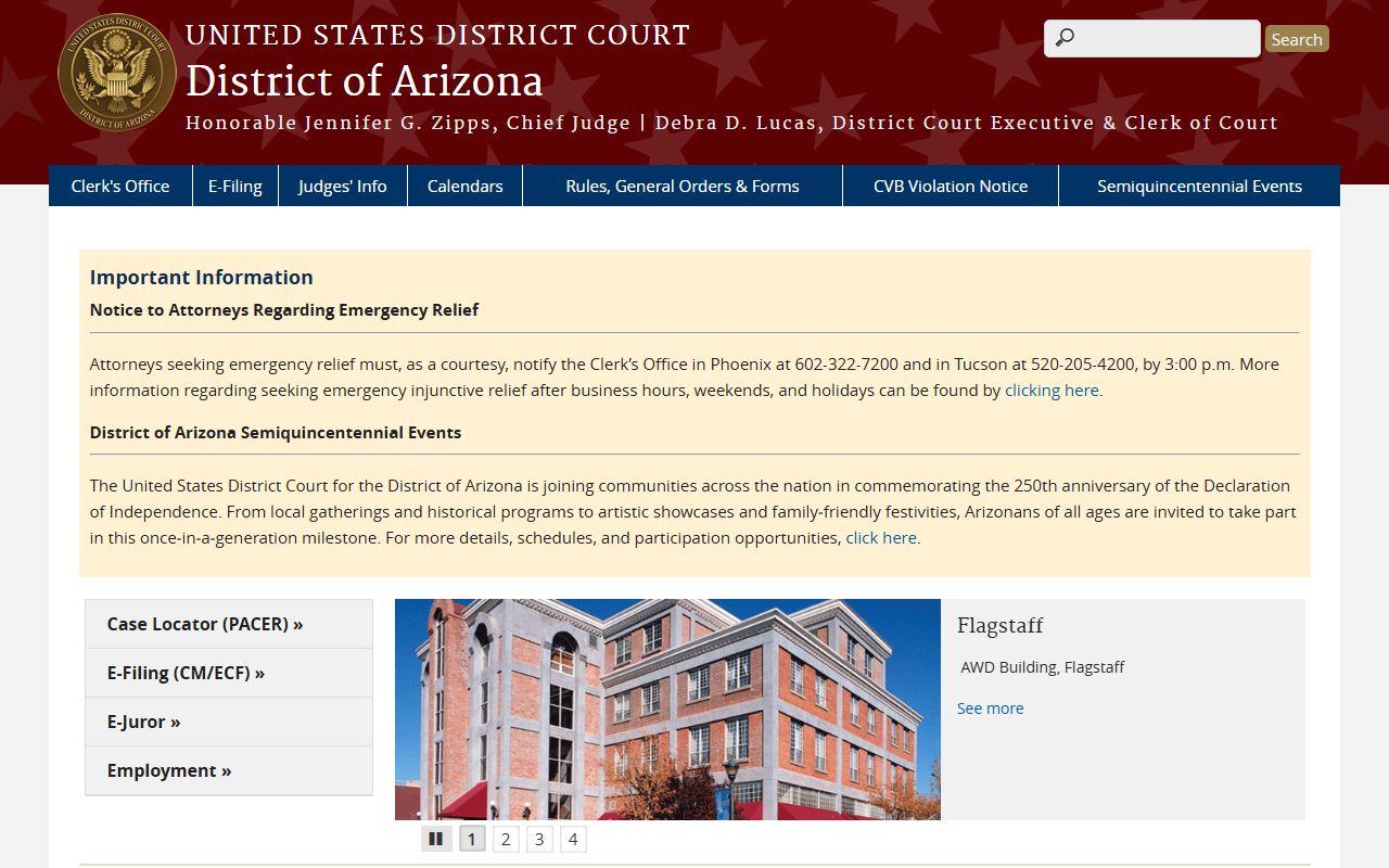 U.S. District Court for the District of Arizona homepage used for federal Yavapai County cases