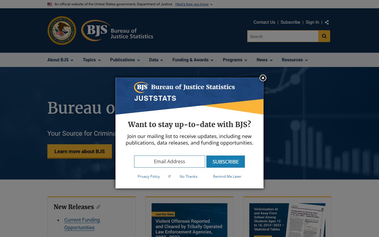Bureau of Justice Statistics homepage used for national jail population context